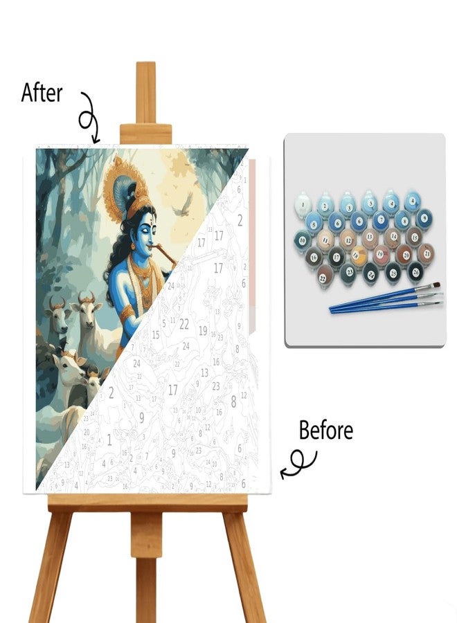 مجموعة رسم كريشنا بالأرقام من PaintWaint - قماش مطبوع للرسم مقاس 35 × 40 سم - 16 لون أكريليك - مجموعة رسم يدوية للكبار - رسم رادها كريشنا بالأرقام - مجموعة رسم بالأرقام للكبار - مجموعة رسم بالأرقام - الهند - Image 3